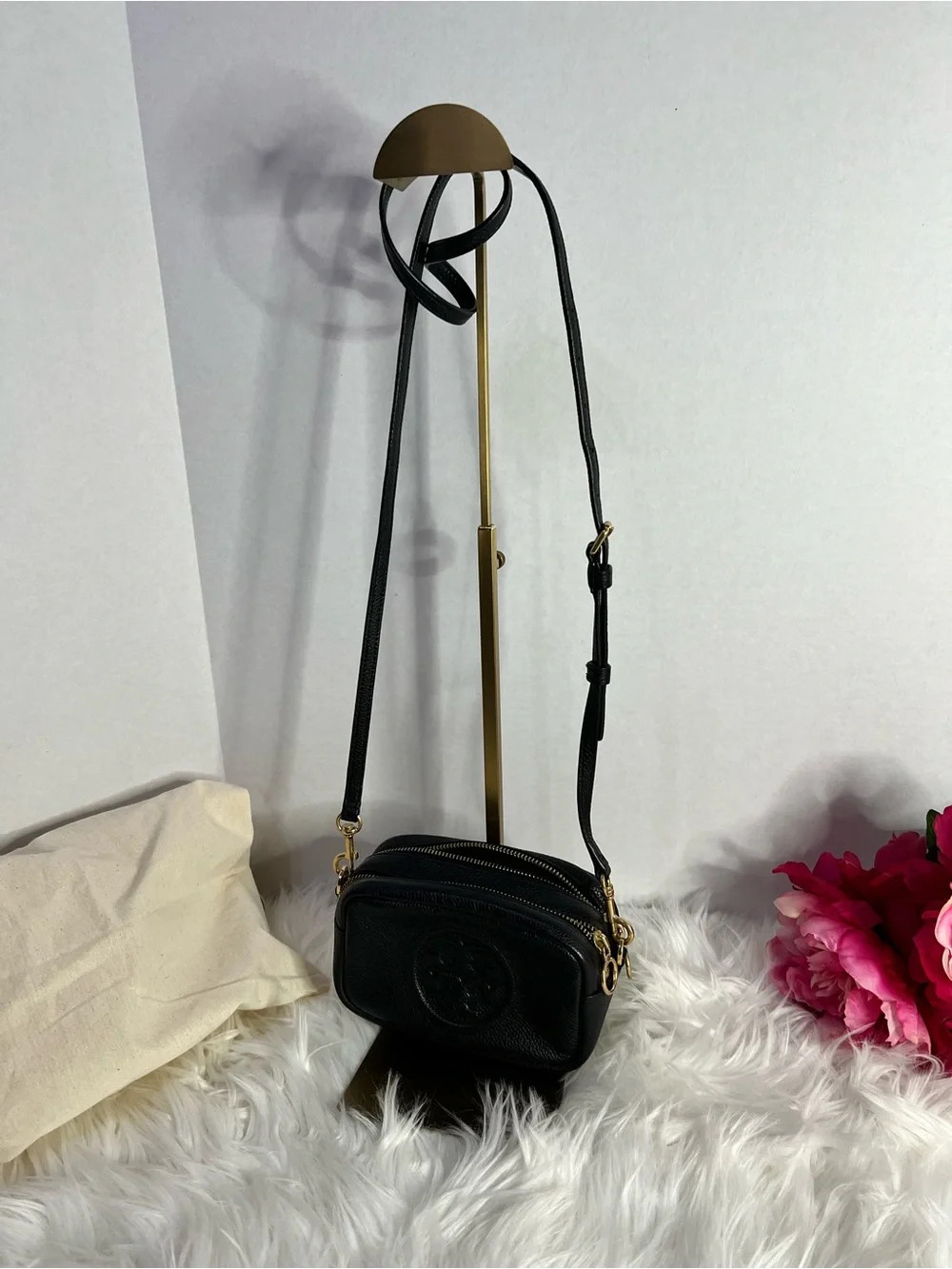 Tory Burch Black Pebbled Leather Perry Bombe Mini Crossbody with Gold Hardware